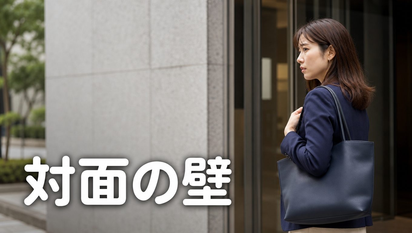 30代の女性が対面の相談窓口の前で迷っている様子