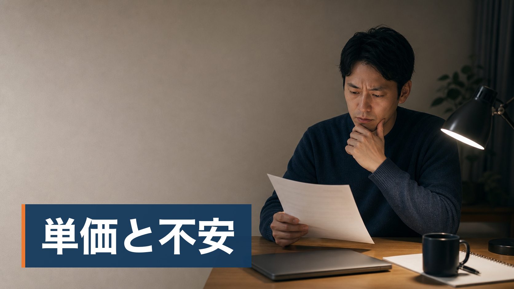 独立したが案件が決まらず、単価をどう出せばいいか分からない人が夜の机で通帳を見る人様子