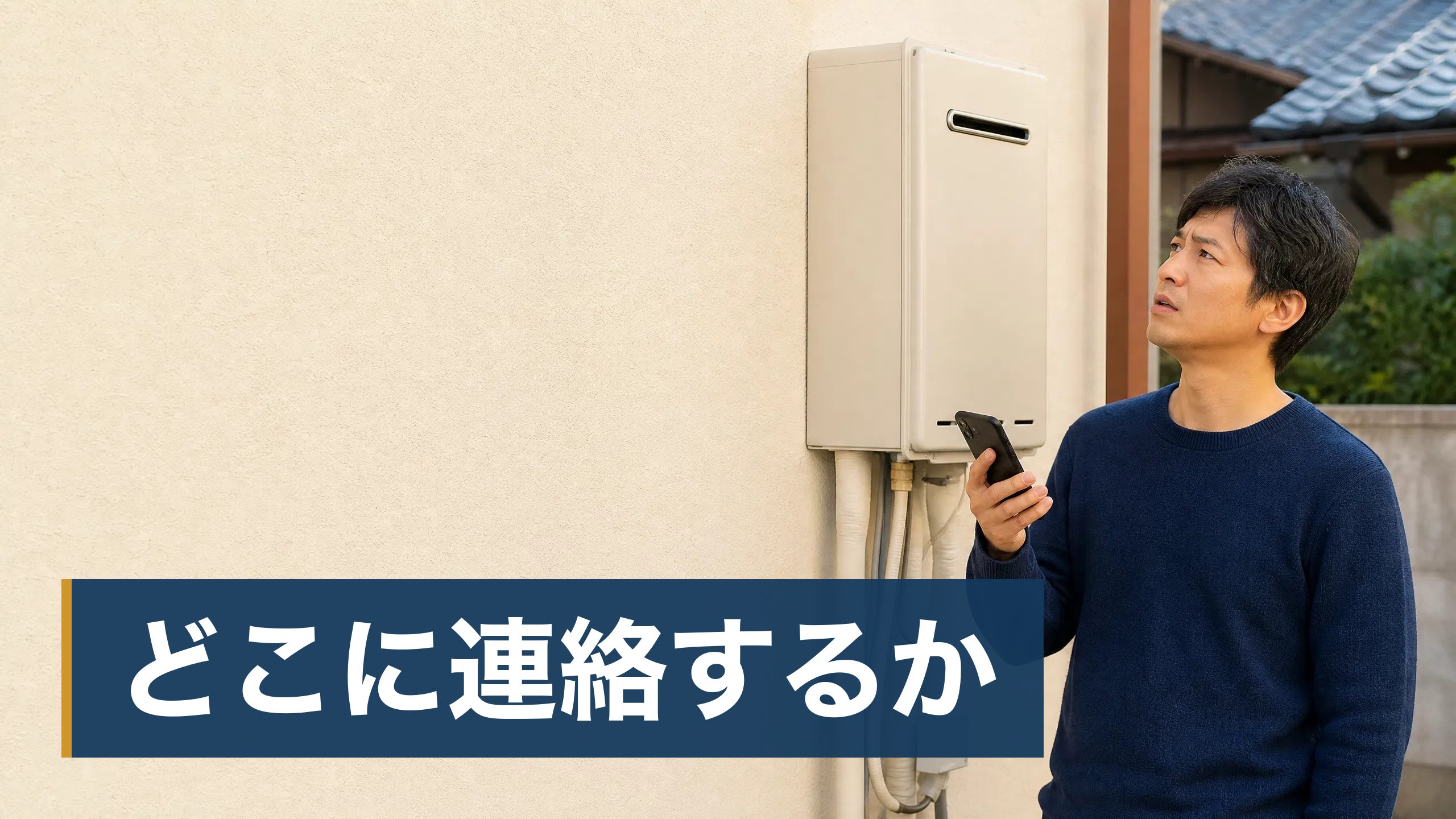 東京都か神奈川県の持ち家に住んでいて、今日いきなりお湯が出なくなり、今夜どうするかと明日どこに連絡するかで困っている人が屋外の給湯器の前でどこに連絡するか迷っている様子