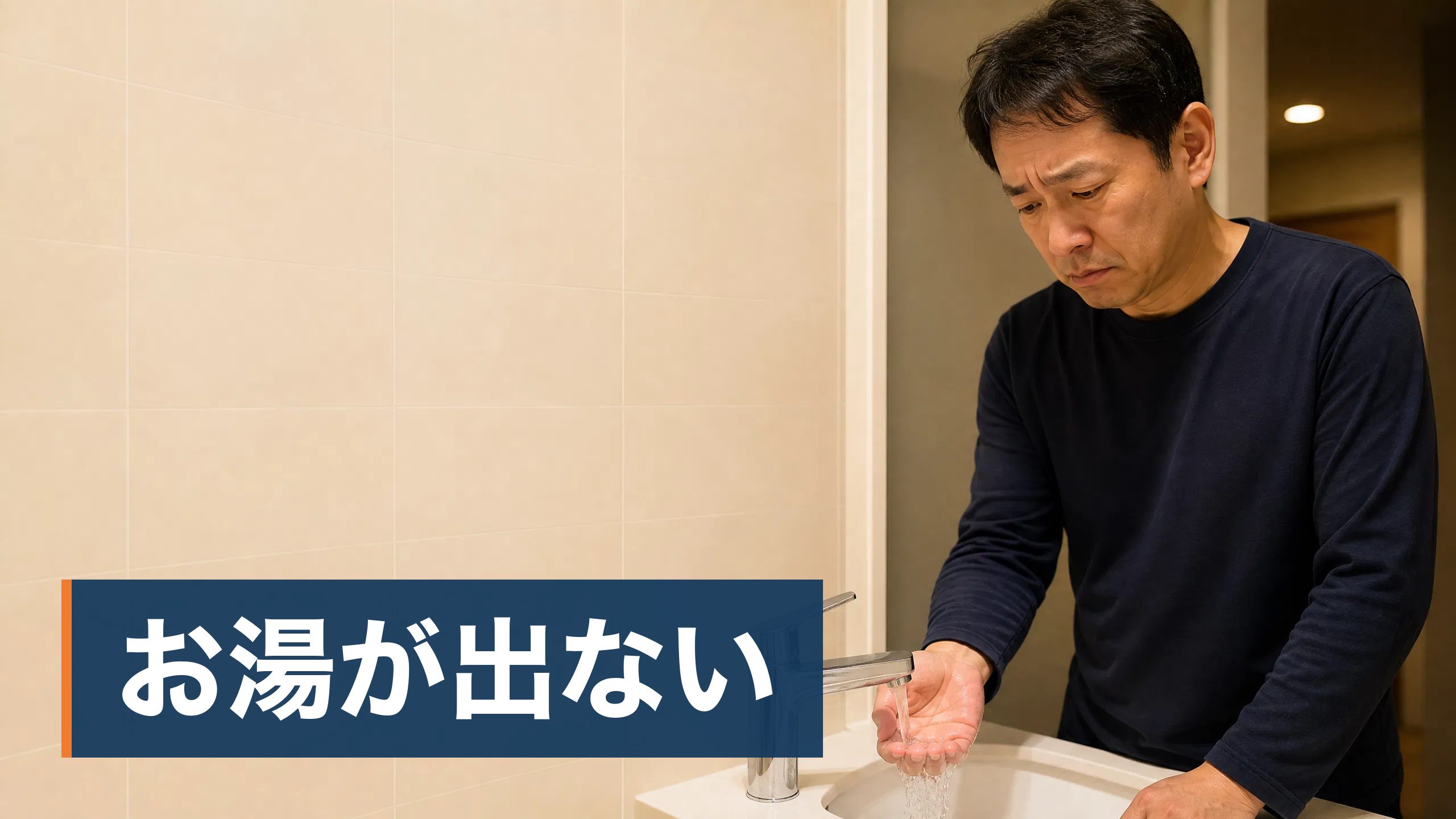 東京都か神奈川県の持ち家に住んでいて、今日いきなりお湯が出なくなり、今夜どうするかと明日どこに連絡するかで困っている人が浴室で湯が出ない蛇口に手をかざして困っている様子