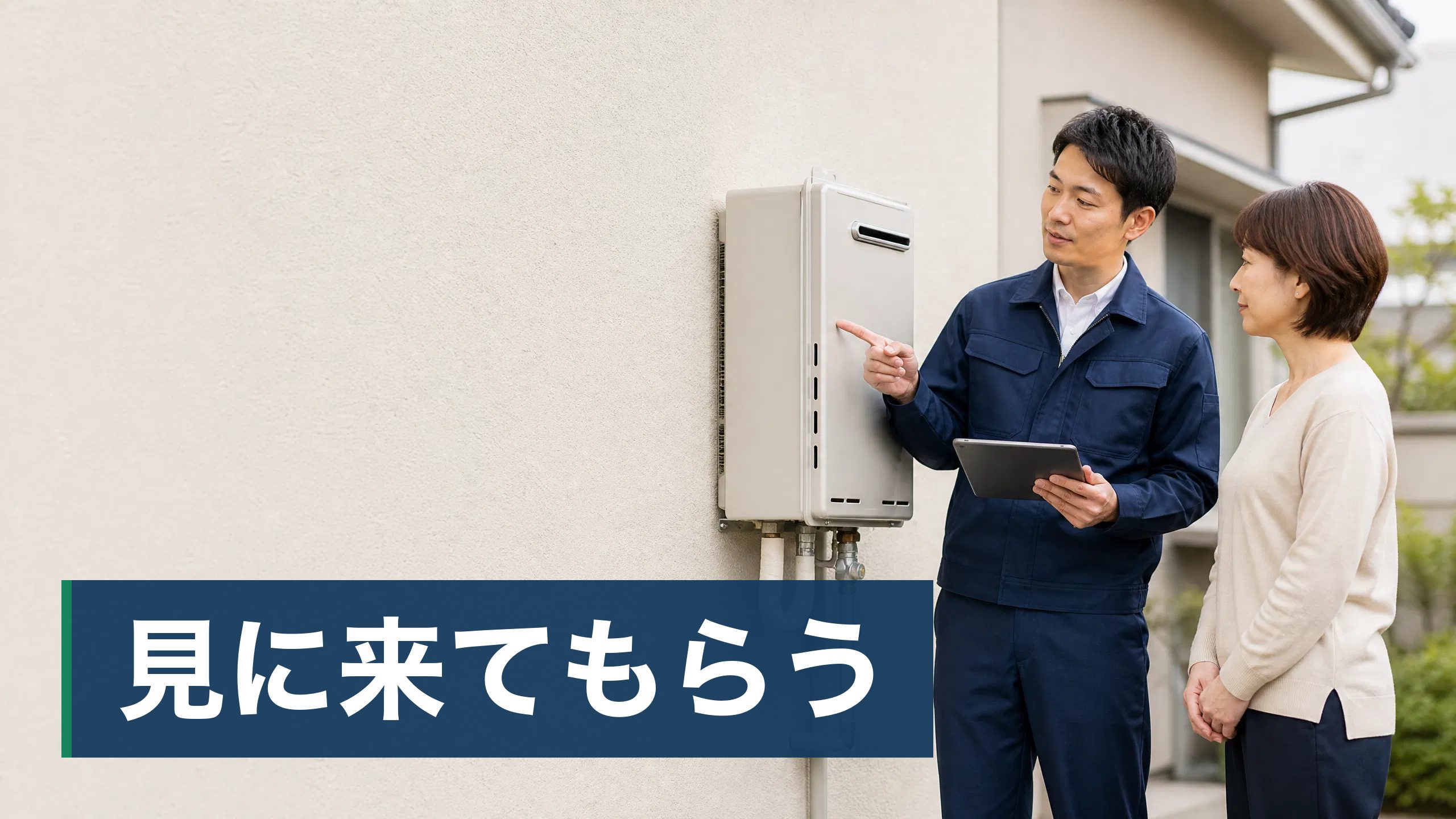 東京都か神奈川県の持ち家に住んでいて、今日いきなりお湯が出なくなり、今夜どうするかと明日どこに連絡するかで困っている人が作業員が屋外の給湯器を点検している様子