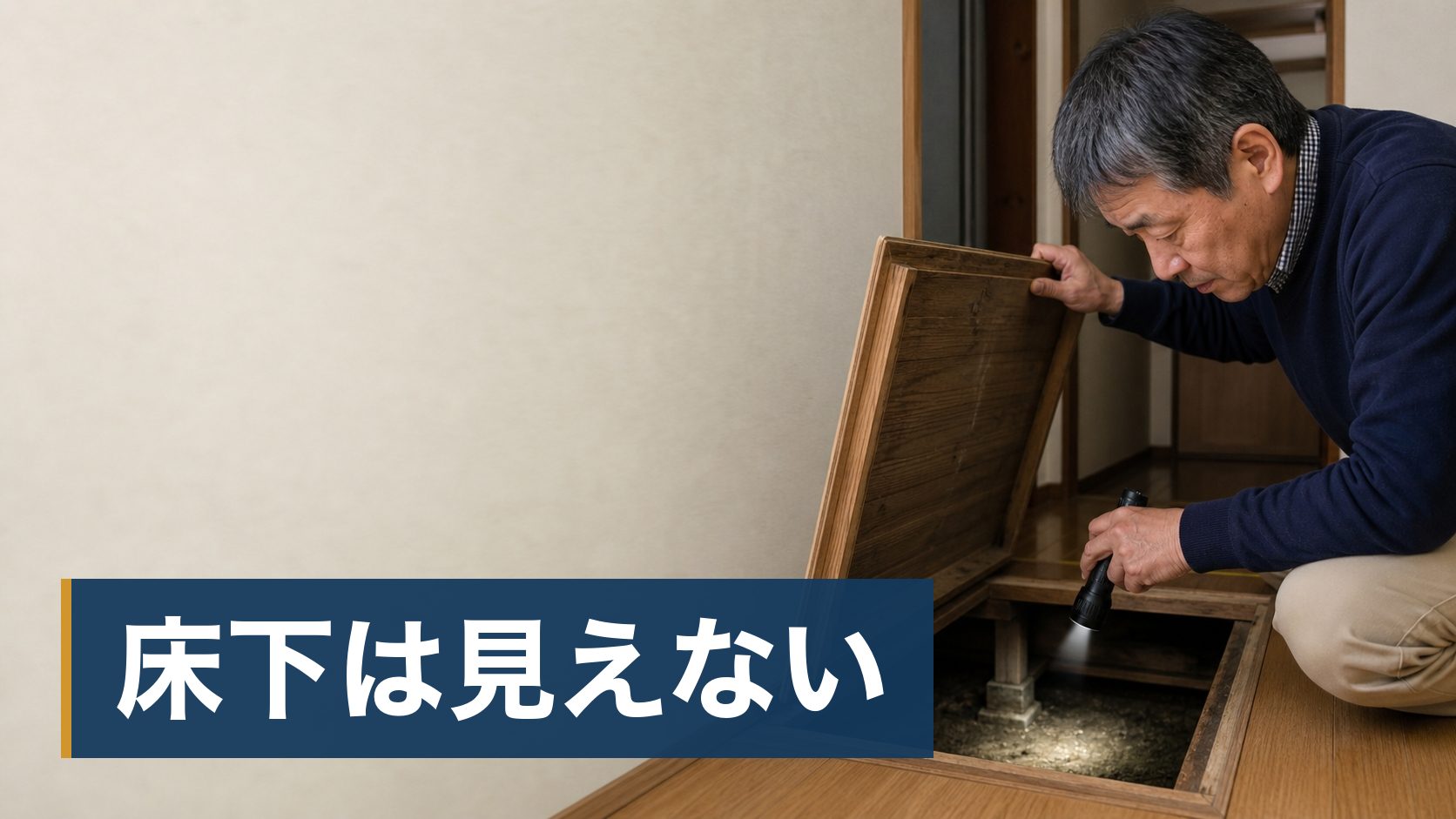 シロアリを見つけて業者の見積もりを見たが金額に驚き、自分で駆除できないかと調べている持ち家の人が懐中電灯で照らした暗い床下様子