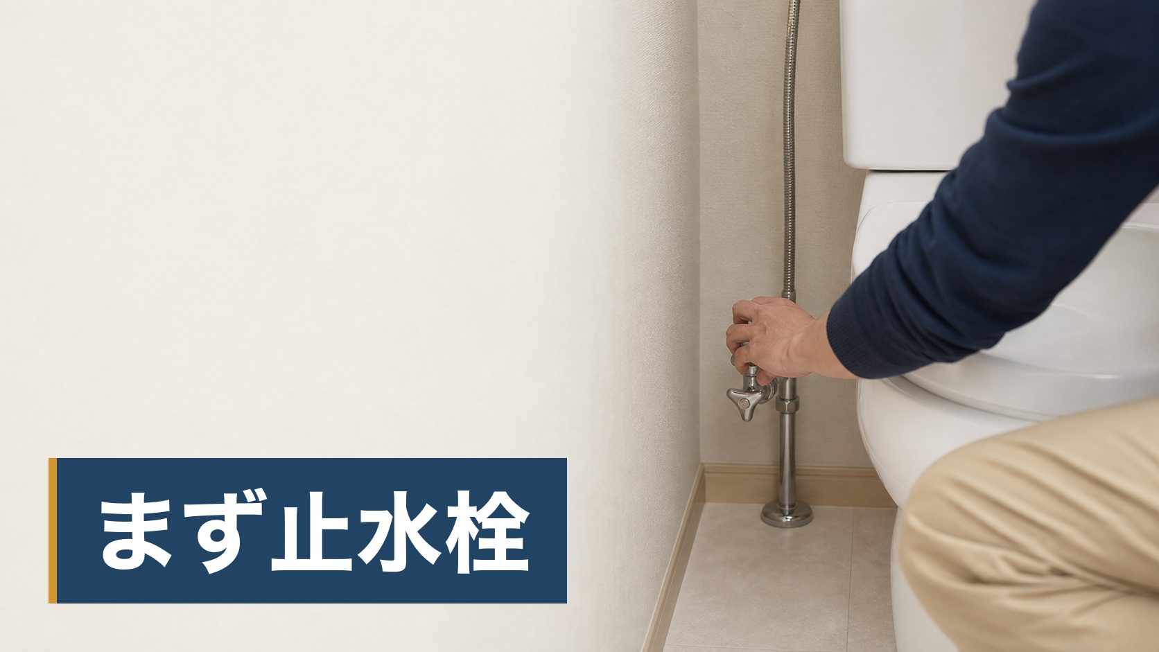 夜にトイレが詰まって、自分で直せるのか業者を呼ぶべきか分からず、その場で止まっている人がトイレの脇にある止水栓に手を伸ばしている様子