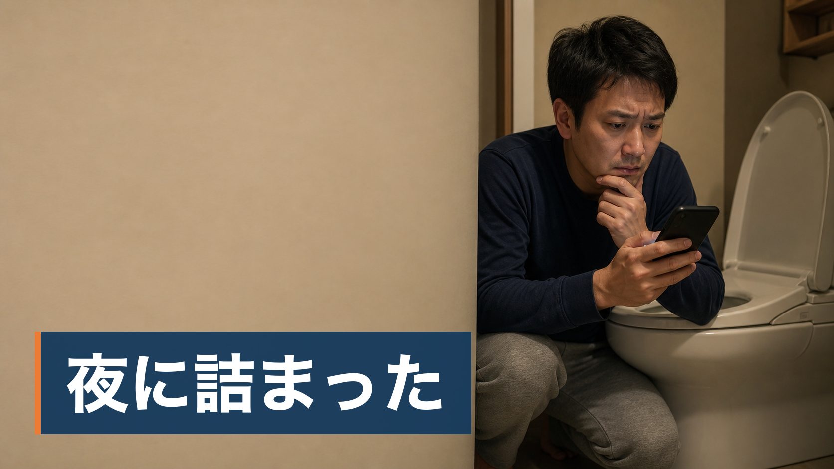夜にトイレが詰まって、自分で直せるのか業者を呼ぶべきか分からず、その場で止まっている人が夜のトイレの前でスマホを見て困っている様子