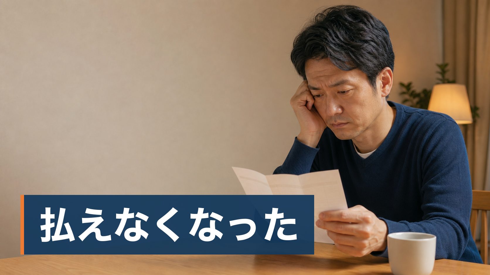 住宅ローンの滞納が始まって、このままだと競売になるのではと不安になっている人が通帳を見て考え込んでいる様子