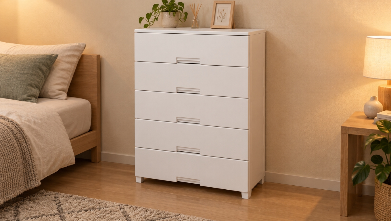 天馬 フィッツチェスト 5段 完成品タンス（型番 110016056）幅75×高さ105cm・あんしんロック付き収納ケースを使った感想｜幅75×奥行41×高さ105cm、置いてみて分かったサイズ感